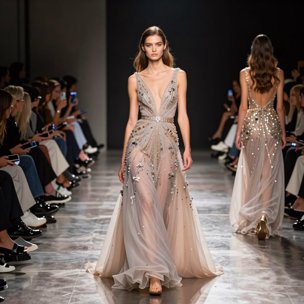 Défilé de la fashion week milan 2024 avec mannequins sur le podium illuminé