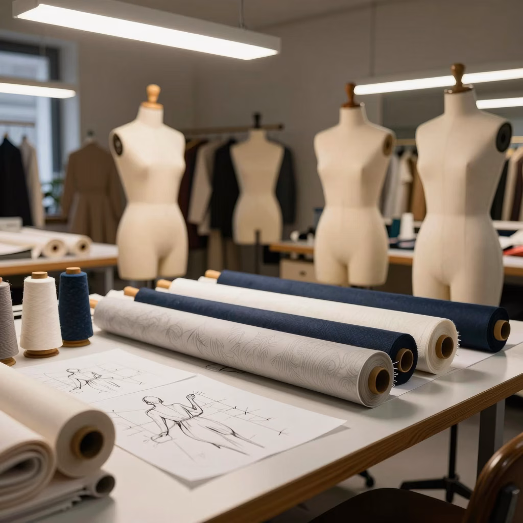Atelier de créateur de mode italien à Milan avec tissus luxueux et mannequins de couture