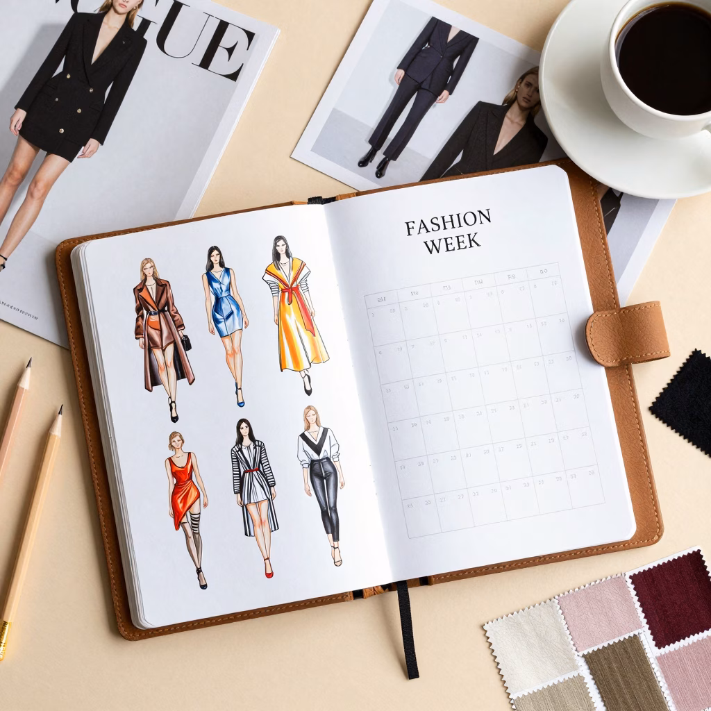 Calendrier des fashion weeks 2024 avec agenda élégant et croquis de mode