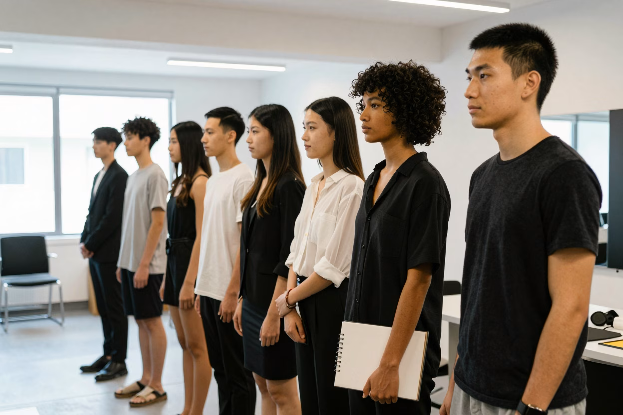 Groupe de mannequins lors d'un casting professionnel dans une agence de mode