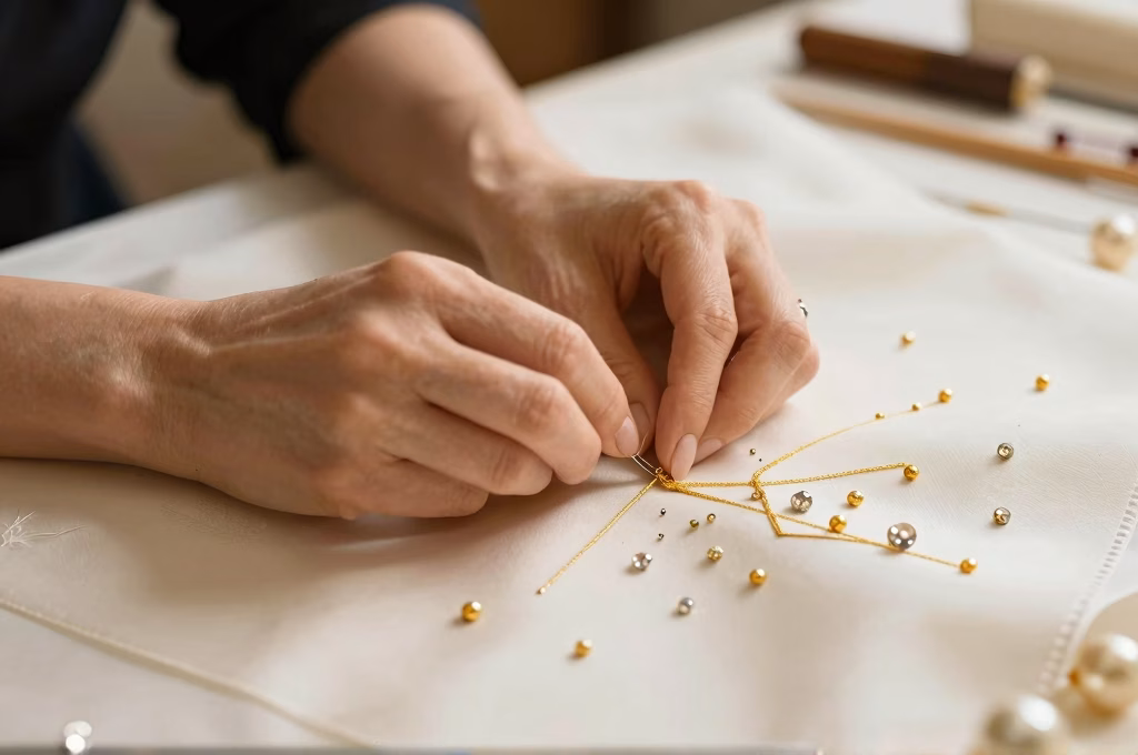 Broderie haute couture a la main avec fil dore sur soie ivoire dans un atelier parisien