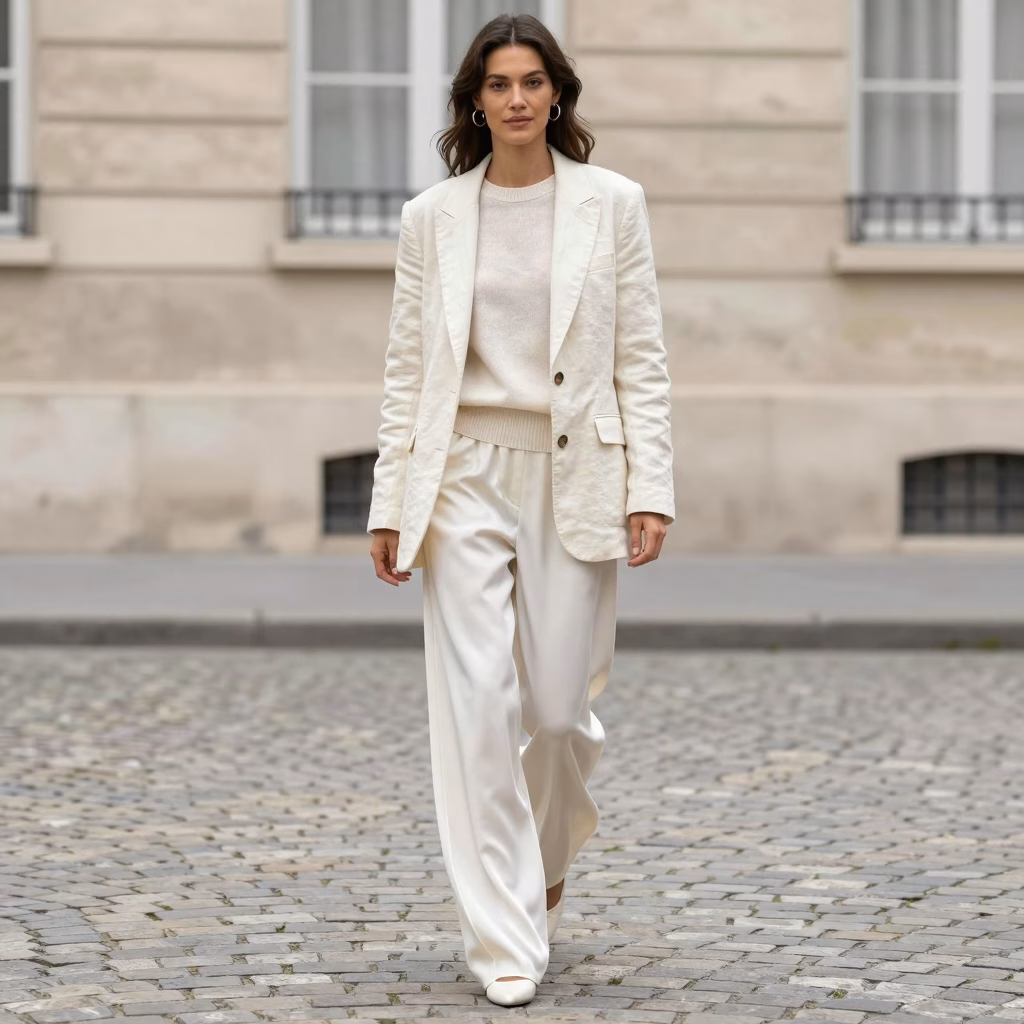 Cloud Dancer Pantone 11-4201, blanc hivernal doux porté en total look