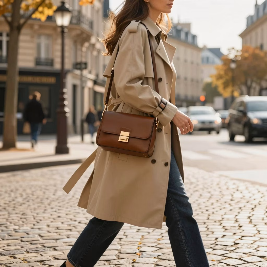 Style parisien 2026 : femme élégante avec sac à main en cuir dans une rue parisienne