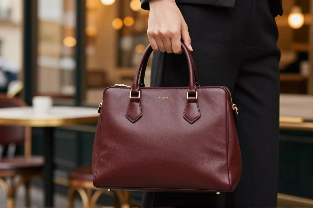 Femme parisienne portant un sac structuré bordeaux tendance 2026