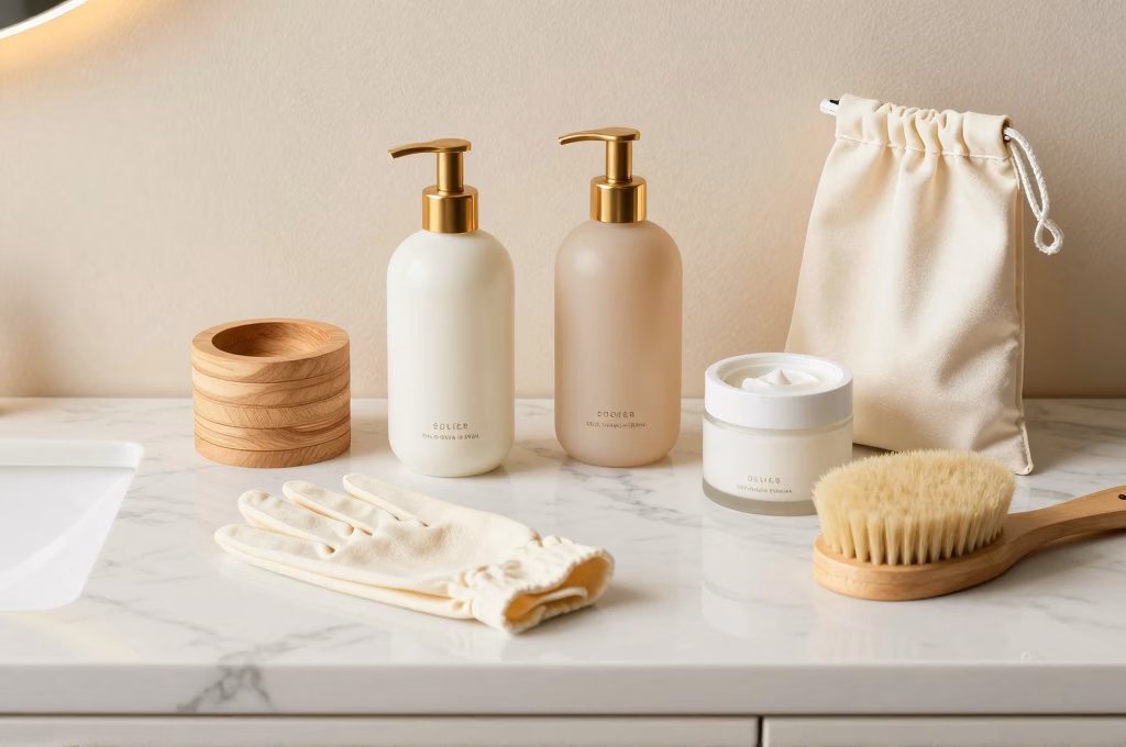 Produits d'entretien pour sacs de luxe sur marbre blanc