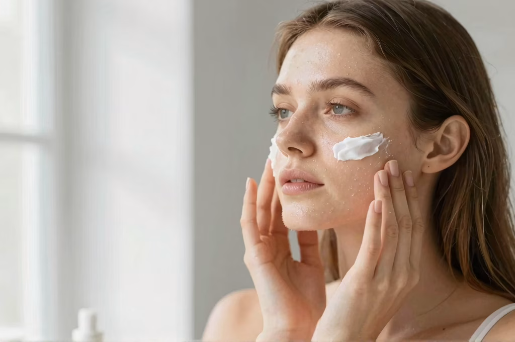 Femme appliquant une crème naturelle pour le visage dans un intérieur parisien