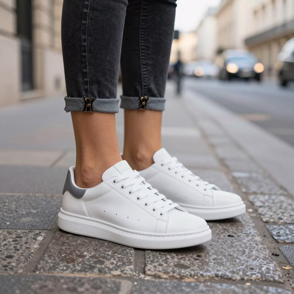 Baskets blanches élégantes sur le pavé d'une rue parisienne avec lumière naturelle