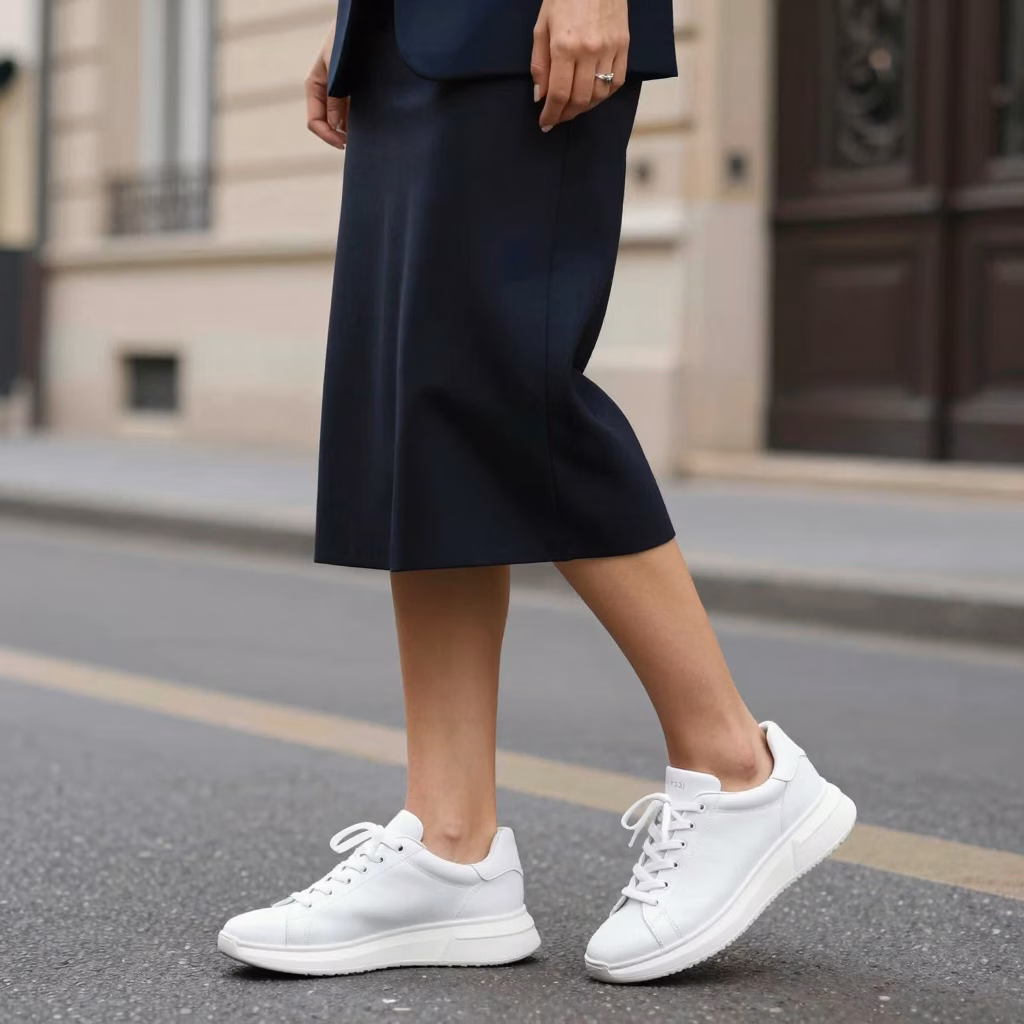 Tenue parisienne sophistiquée avec baskets blanches et accessoires élégants