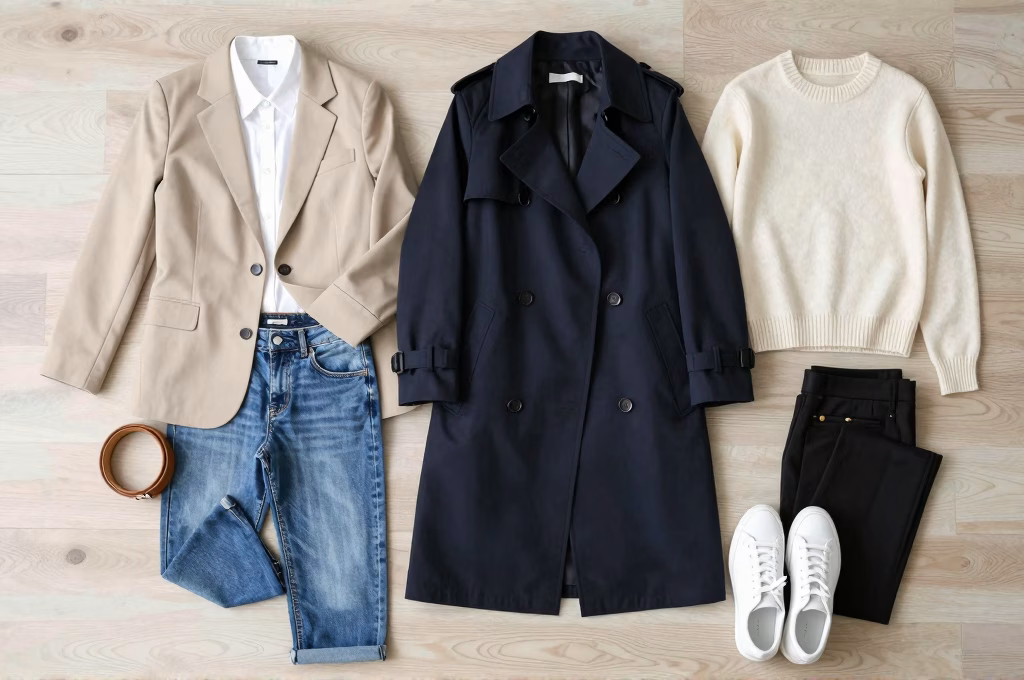 Garde-robe capsule casual chic avec blazer, chemise blanche, jean brut et trench beige