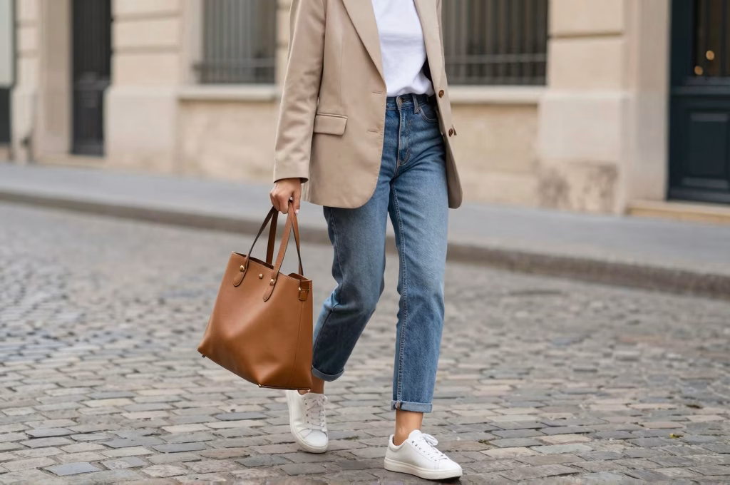 Femme parisienne en tenue casual chic avec blazer beige, jean brut et baskets blanches