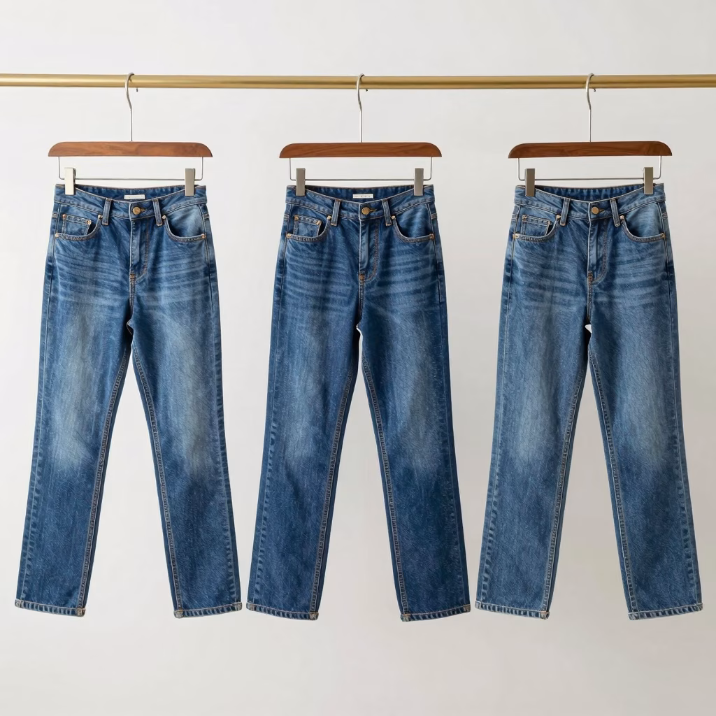 Diff&eacute;rentes coupes de jeans sur cintres : slim, straight, bootcut, wide leg