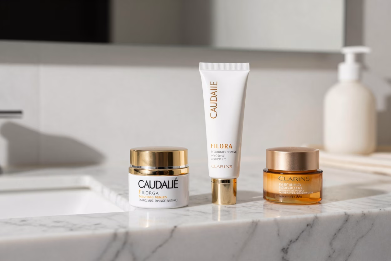 Cr&egrave;mes contour des yeux fran&ccedil;aises sur vanity en marbre, lumi&egrave;re matinale