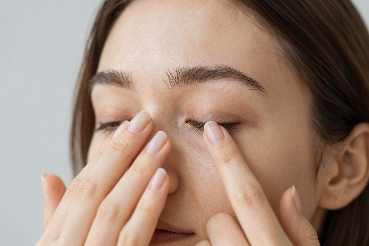 Femme appliquant un soin contour des yeux avec l&rsquo;annulaire, geste pr&eacute;cis