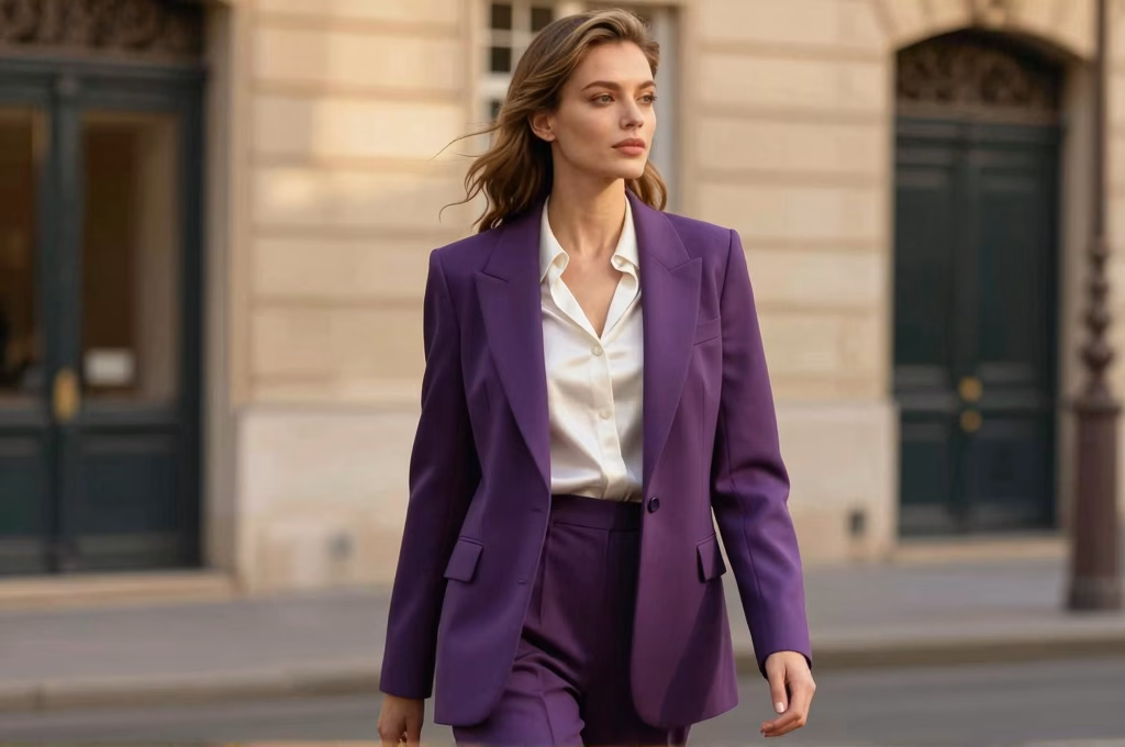 Look mode 2026 aubergine et Cloud Dancer : blazer violet profond sur blouse blanche dans une rue parisienne