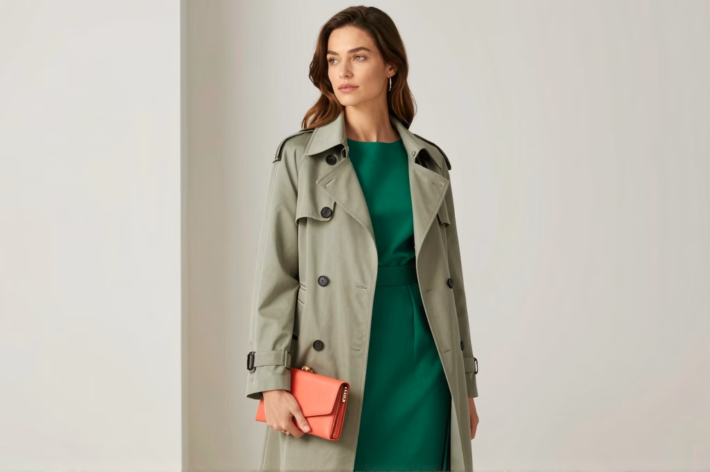 Style color block mode 2026 : trench vert sauge, robe emeraude et pochette corail, look parisien chic