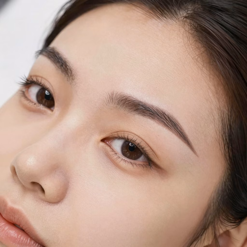 Sourcils parfaits apr&egrave;s microblading, r&eacute;sultat naturel, beaut&eacute; parisienne