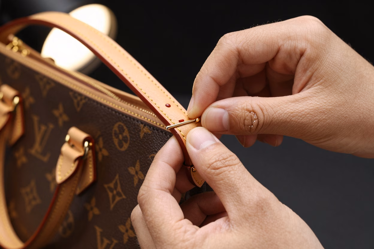 Expert authentifiant un sac vintage, examen coutures et quincaillerie