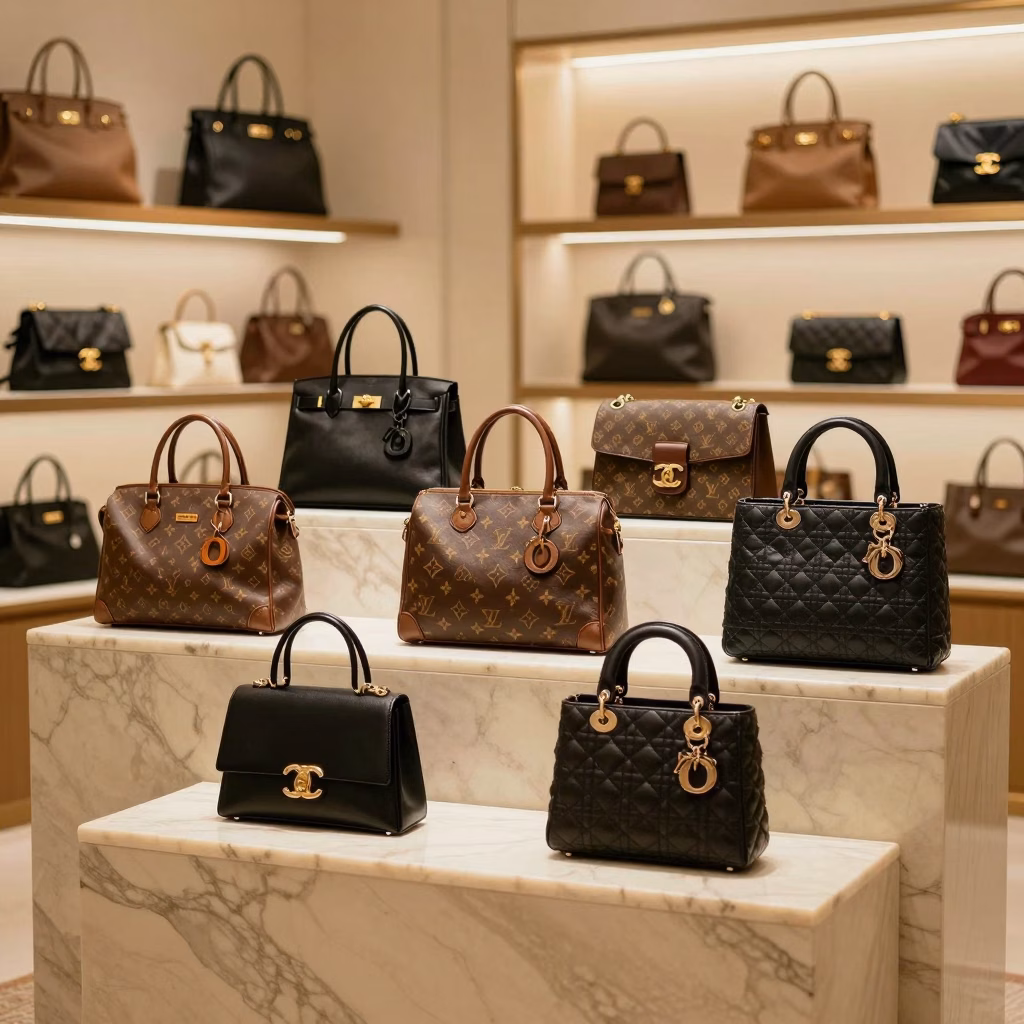 Sacs vintage de luxe Herm&egrave;s Chanel Dior sur pr&eacute;sentoir marbre, lumi&egrave;re dor&eacute;e