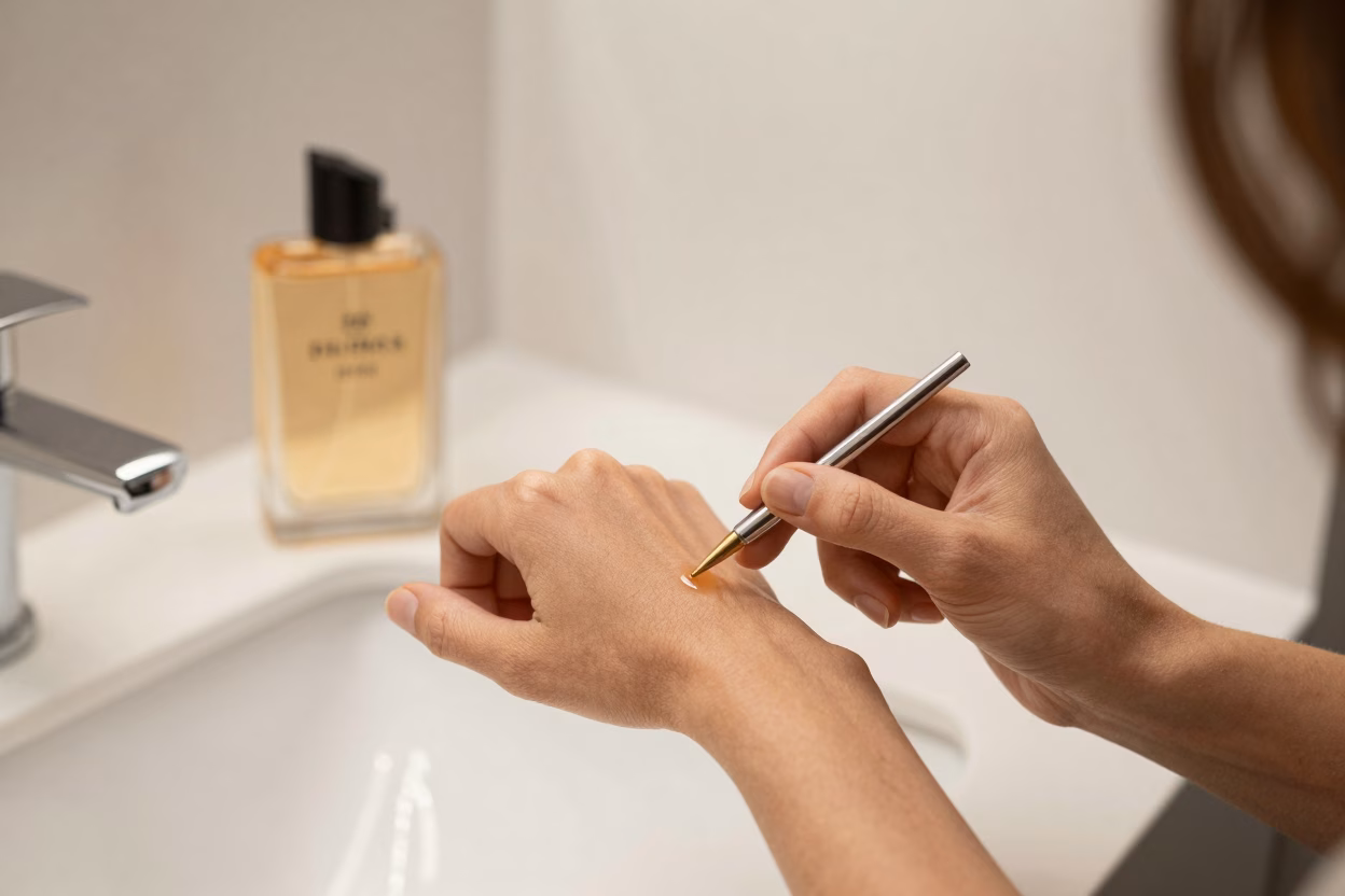 Femme appliquant un parfum au poignet, style parisien chic, flacon de luxe en arri&egrave;re-plan