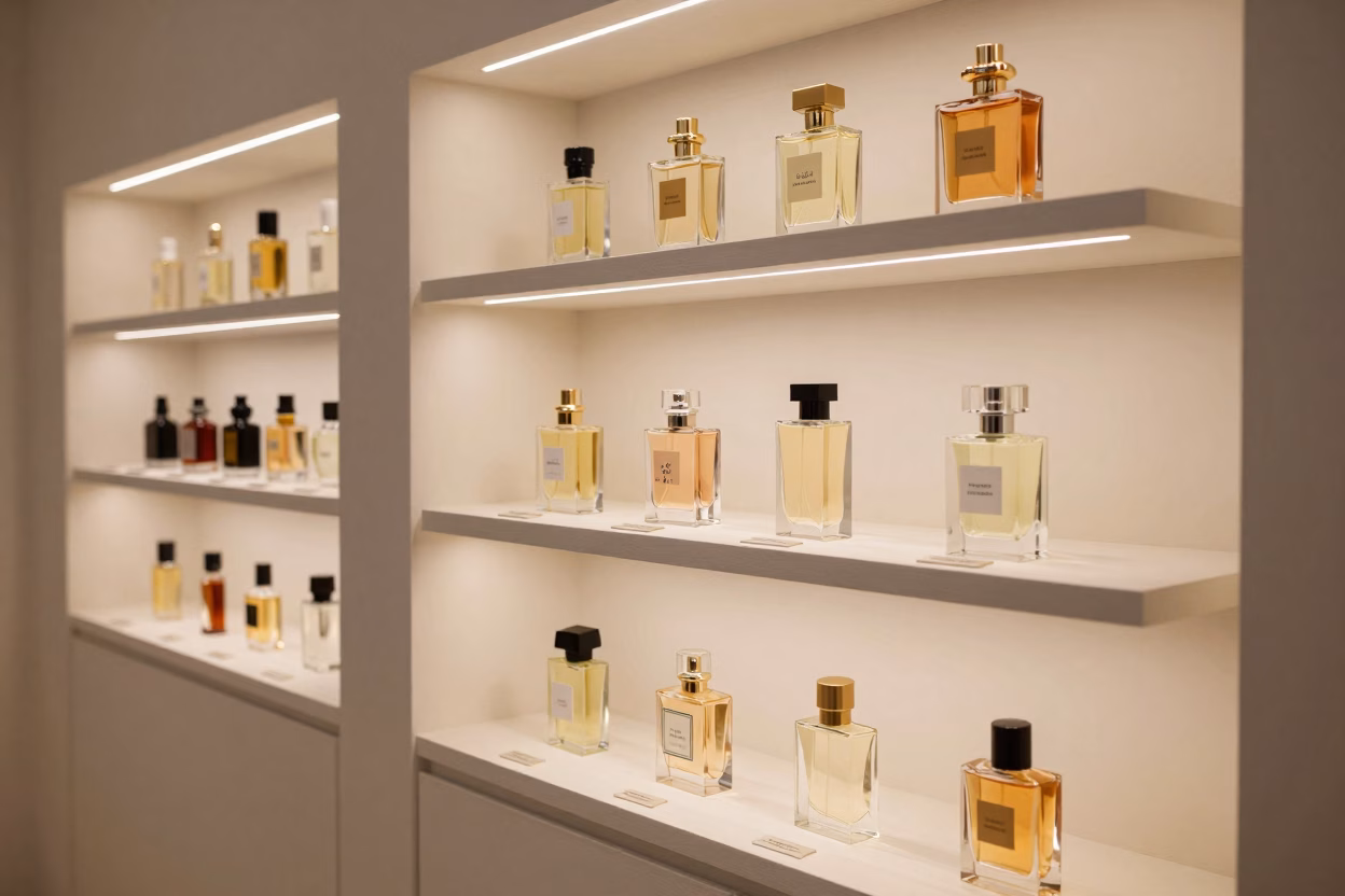 Collection de parfums niche dans une boutique parisienne, flacons artisanaux, d&eacute;cor minimaliste