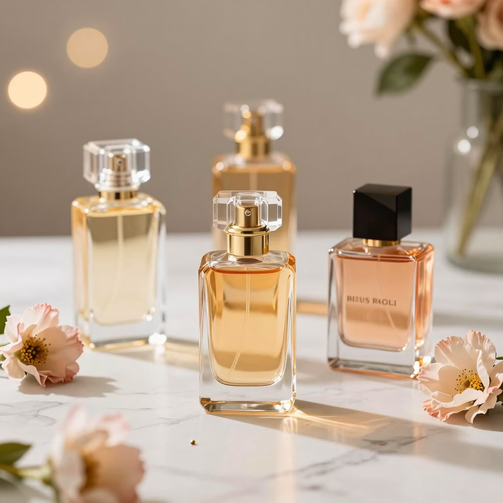Flacons de parfums f&eacute;minins tendance 2026 sur marbre, lumi&egrave;re dor&eacute;e, esth&eacute;tique parisienne