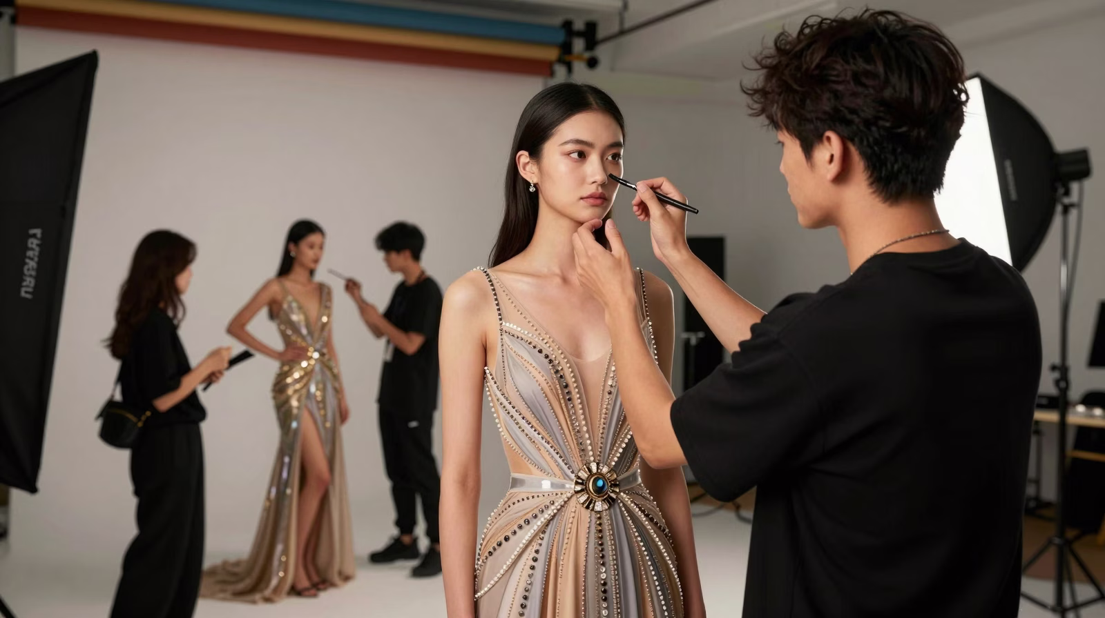 Photographe de mode en studio dirigeant un shooting haute couture