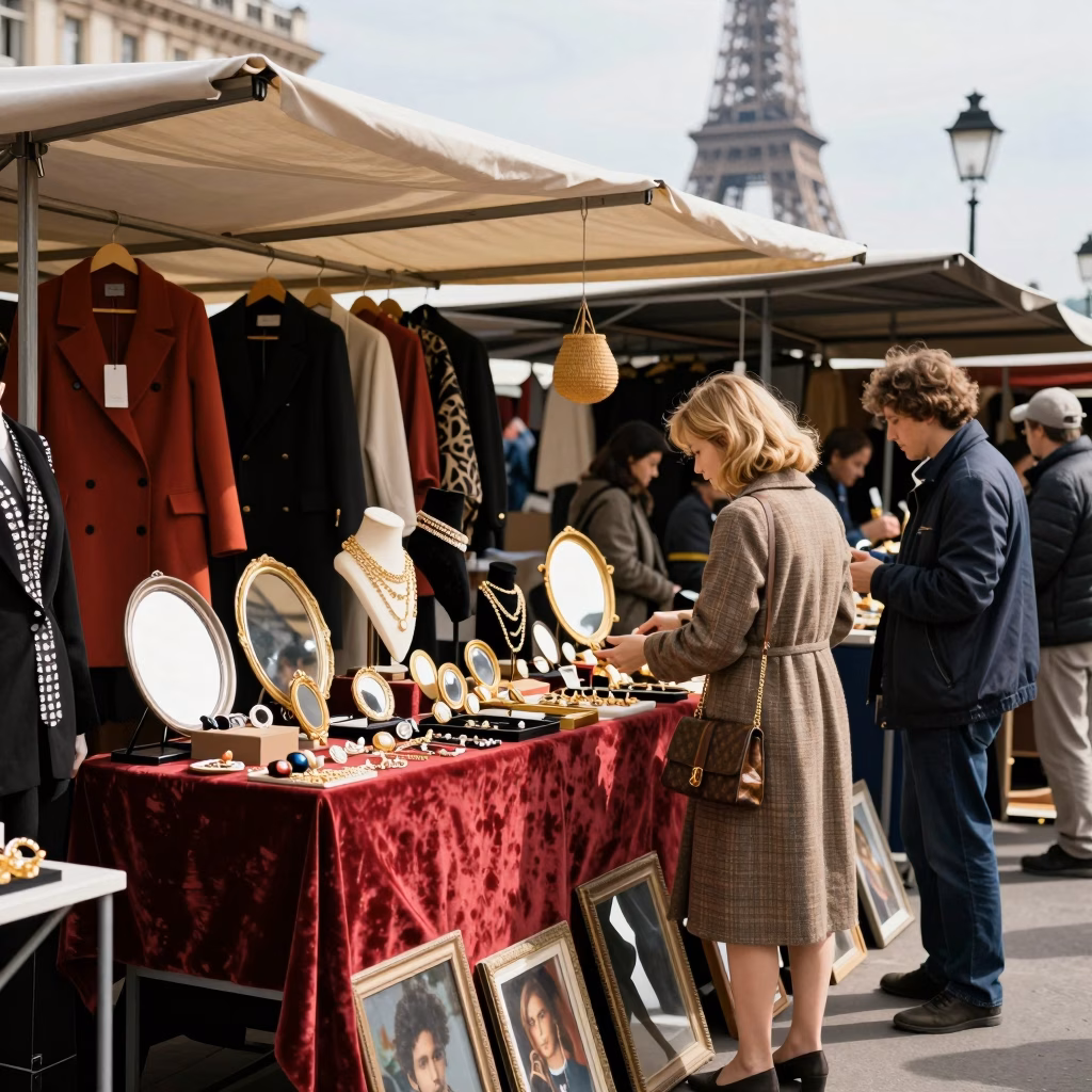 Étalage d'accessoires de mode vintage et de luxe seconde main aux puces de Paris