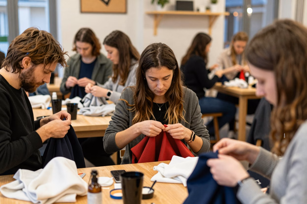 Repair caf&eacute; parisien, personnes r&eacute;parant des v&ecirc;tements ensemble
