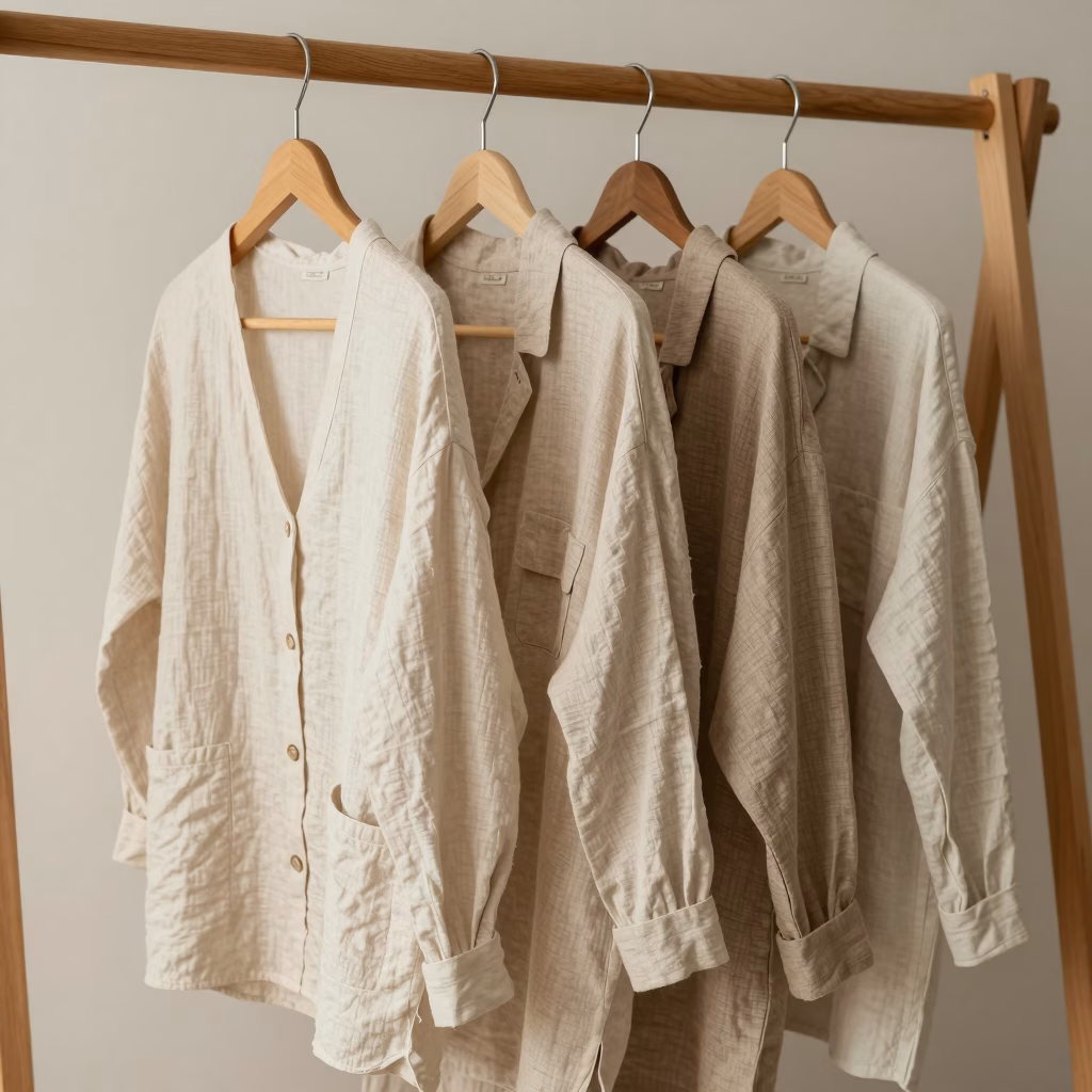 V&ecirc;tements durables en lin et coton bio sur portant bois, lumi&egrave;re naturelle