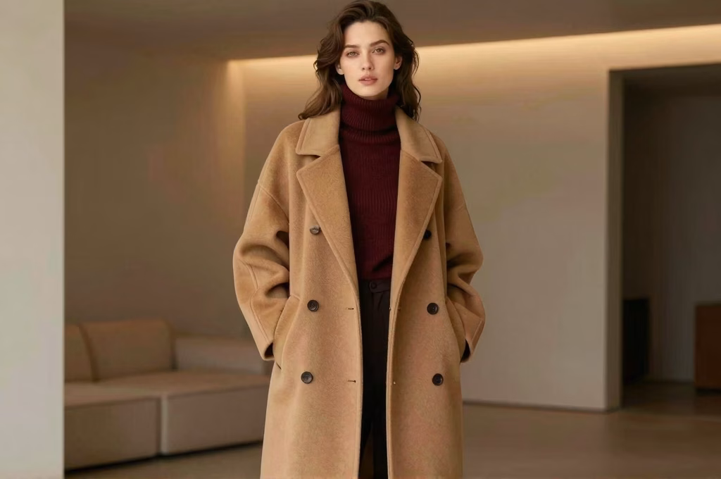 Look automne-hiver 2026 : maxi coat camel oversize sur pull col roule bordeaux