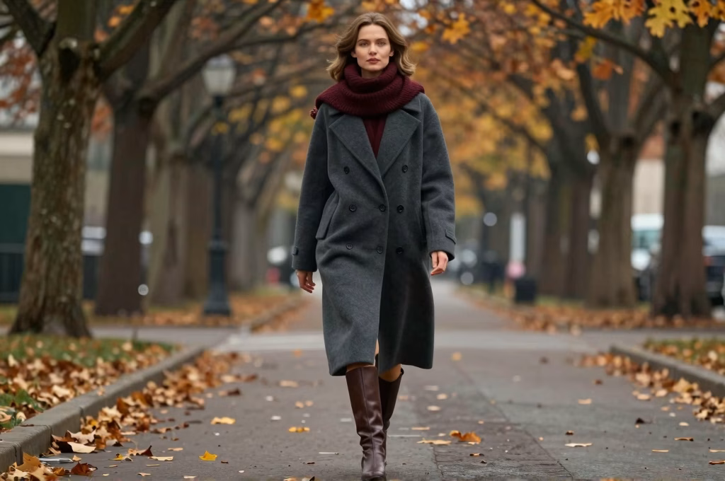 Mode automne-hiver 2026 : caban gris anthracite oversize avec echarpe bordeaux et bottes cuir
