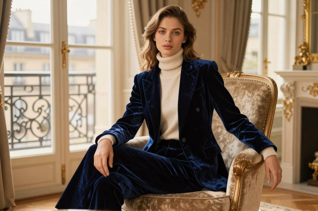 Style automne-hiver 2026 : costume velours bleu nuit et col roule creme dans un interieur parisien