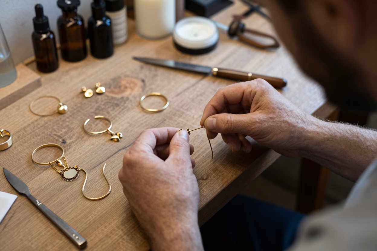 Artisan bijoutier parisien cr&eacute;ant une pi&egrave;ce unique dans son atelier