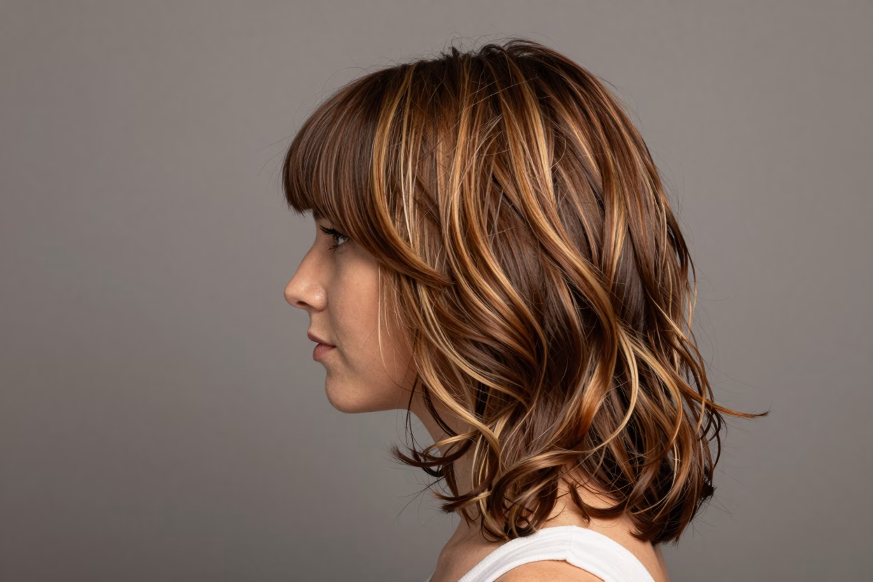 Coupe Butterfly Cut avec frange seventies, balayage caramel, volume