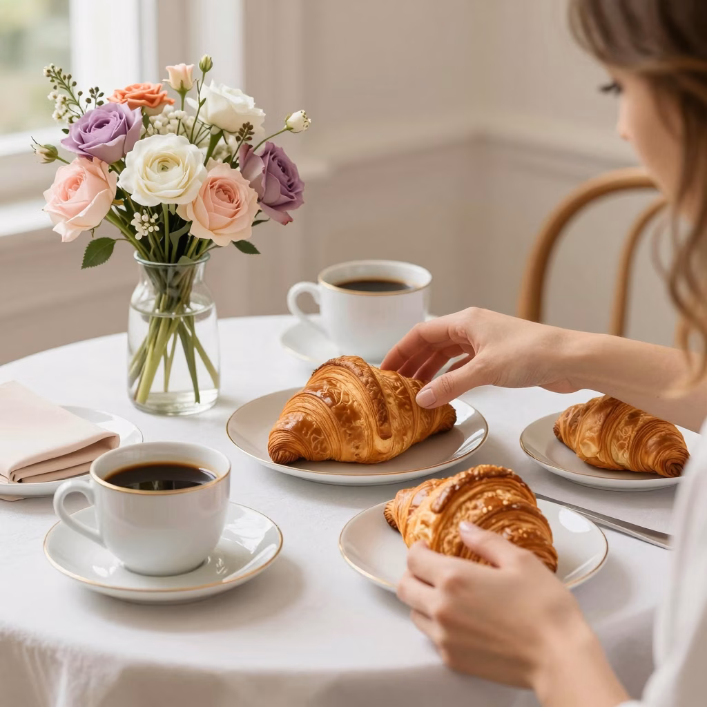 Table de brunch parisien avec croissants café et fleurs, mains féminines élégantes, lumière douce du matin