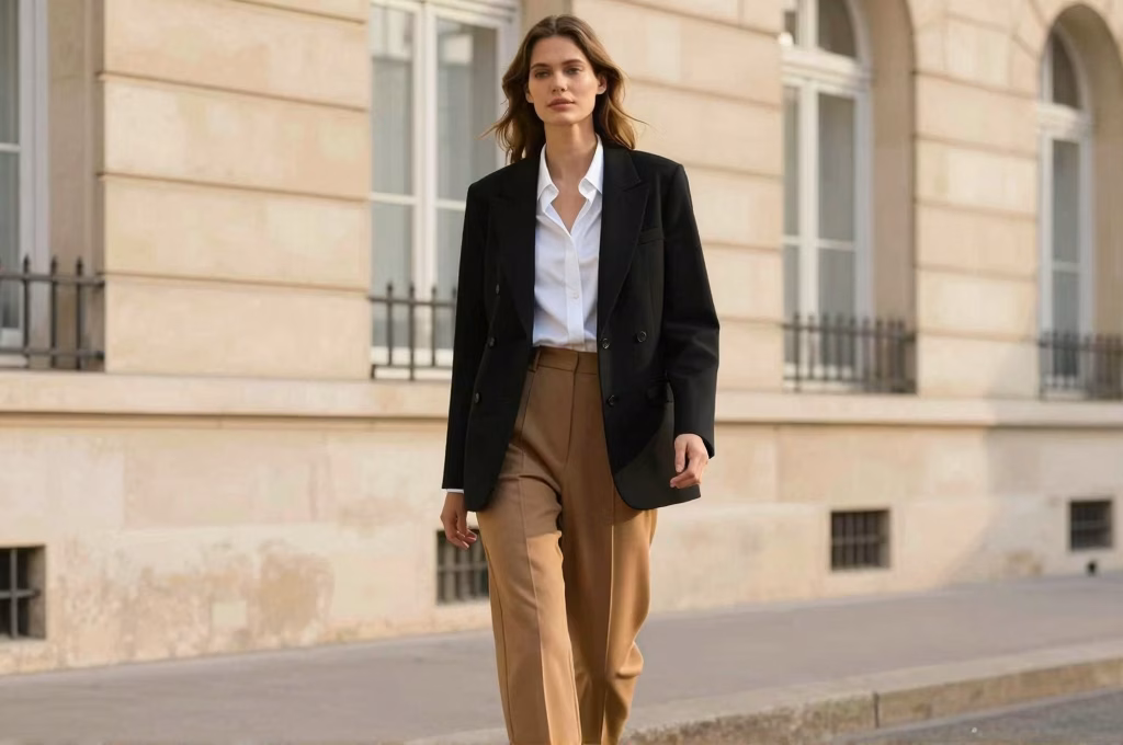 Femme en blazer noir oversized et pantalon camel marchant dans une rue parisienne haussmannienne