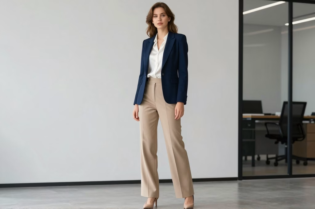Tenue bureau élégante femme avec blazer marine et pantalon taille haute dans un bureau moderne