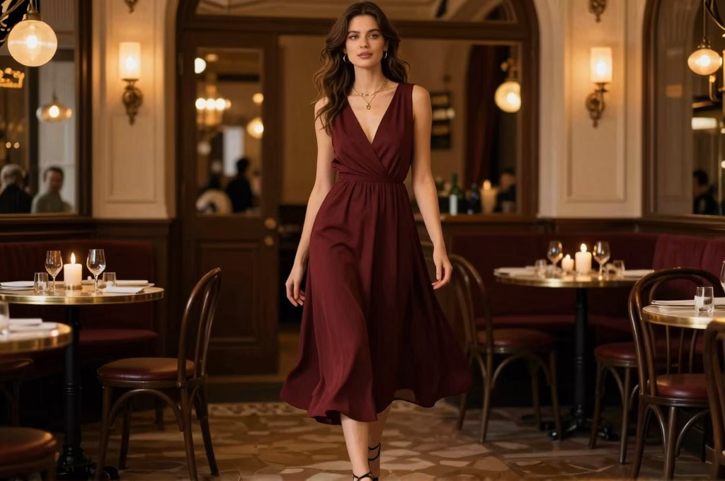 Tenue soirée élégante femme en robe bordeaux fluide avec bijoux dorés dans un restaurant parisien