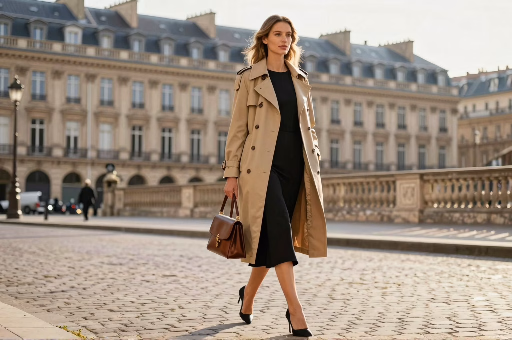 Femme parisienne élégante en trench beige et robe noire marchant dans une rue haussmannienne