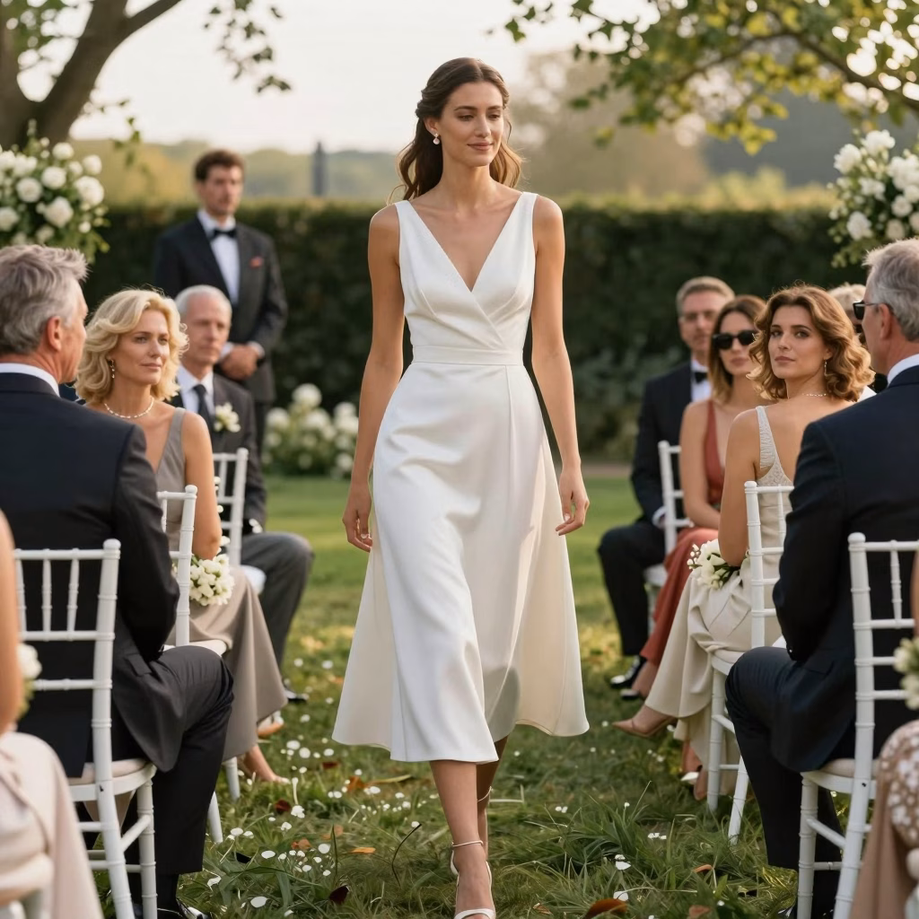 Invitée mariage parisienne élégante en robe midi lors d'une cérémonie en jardin